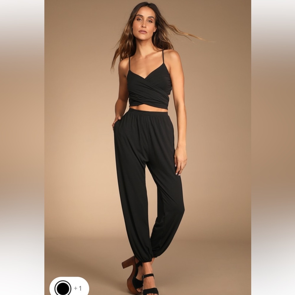 Lulus - Doin' it Right Bright Red Wrap Two-Piece Jumpsuit - BLACK - (Small) NWOT